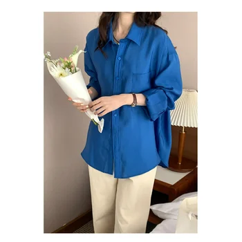 Синие блузки из лиоцелла, Женские осенние рубашки, Нишевые Свободные повседневные топы с длинными рукавами, Женская дышащая однотонная одежда с допамином