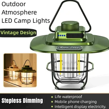 Светодиодная лампа для кемпинга, Ретро Подвесная лампа для палатки, Водонепроницаемые кемпинговые фонари с регулируемой яркостью, батарея 4500 мАч, аварийный фонарь для наружного освещения