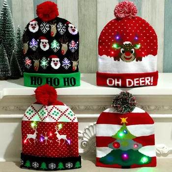 Шерстяные шапки для взрослых и детей, вязаные рождественские шапки, красочные светящиеся вязаные шапки, высококлассные шапки Санта-Клауса.