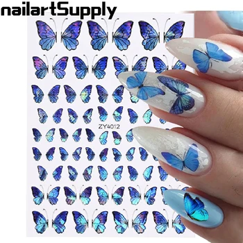 1 Лист 3D наклейки для ногтей с голубой Бабочкой, Лазерный Градиент, Крылья Бабочки, Слайдеры для дизайна ногтей, Обертывания, Фольга для маникюра 