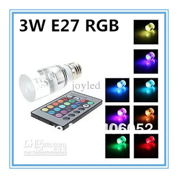 Энергосбережение + пульт дистанционного управления, 16 Цветов, Изменяющая RGB светодиодная лампа, 3 Вт, E27, RGB светодиодная лампа, 85-265 В, RGB свет, 2 шт./лот