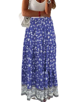 Женская юбка Макси с цветочным принтом, гофрированным низом и эластичным высоким поясом - Стильная Богемная длинная юбка А-силуэта для пляжей