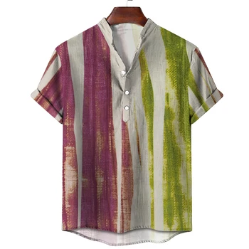 Мужская рубашка Henley, топы на пуговицах, Летние повседневные рубашки с коротким рукавом, Топы с принтом в цветную полоску, Harajuku, Свободная мужская одежда Оверсайз