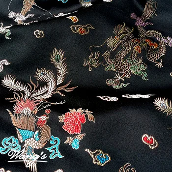 Китайский традиционный ретро-черный фон с рисунком дракона и Феникса, Атласная ткань, Одежда в благородном стиле, ткань для костюмов своими руками