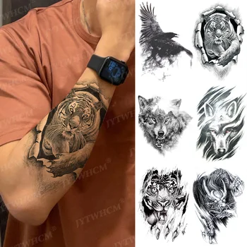 Искусственная наклейка с татуировкой, Механическая рука, Временные татуировки, Акварельный Эскиз, Волк, Лиса, Тигр, Темный Брутальный дизайн, Татуировка