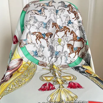 Шелковые шарфы для женщин 2023, Дизайнерский Шарф Herm ** Stallion Parade, 90 см, Шелковый Квадратный Шарф, Модная Женская Шаль, Парео, Бесплатная доставка