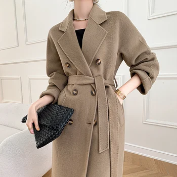 Осенне-зимнее новое кашемировое пальто, женское классическое двубортное женское длинное пальто из утолщенной двусторонней шерсти