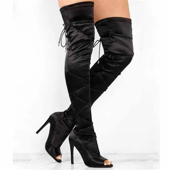 Модные Женские сапоги выше колена из эластичного атласа, облегающие бедра, с перекрестной завязкой, с открытым носком, на тонком высоком каблуке, Женские Ботфорты выше колена, Уличная обувь