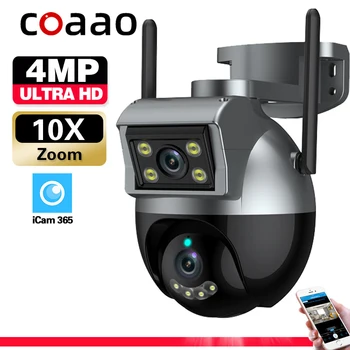Камера наружного наблюдения Wifi 4MP С двойным объективом и 5-кратным Зумом, Автоматическое Отслеживание CCTV, Двухсторонняя аудио Защита IP-камеры