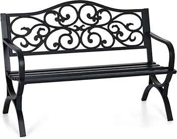 Скамейка со стальным каркасом из чугуна, Уличный стул-скамейка со спинкой с цветочным дизайном, решетчатое сиденье для парка, двора и крыльца, черный