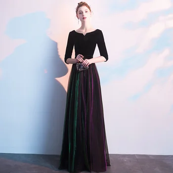 Черное длинное вечернее платье для банкета, Новинка 2023 года, Благородное, элегантное, тонкое, со средними рукавами, с высокой посадкой, платье для хостинга