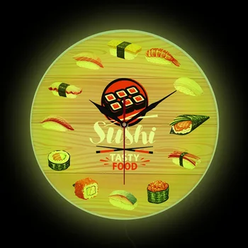 Вкусная еда, суши, настенные часы для ресторана Janpa, вывеска для бизнеса, современный дизайн, кухонные настенные часы с подсветкой, декор для столовой