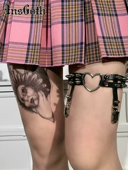 InsGoth Панк-Кожаный Пояс с Подвязками в форме сердца Harajuku, Готическое Металлическое Кольцо для ног С Заклепками, Уличная одежда, Черный Эластичный ремень для ног