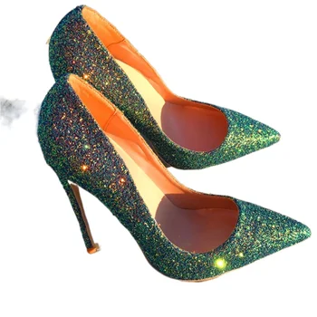 Женские туфли-лодочки; Пикантные женские туфли-лодочки из ткани с блестками на высоком тонком каблуке 12 см с острым носком, разноцветные, без застежки, зеленый размер 45