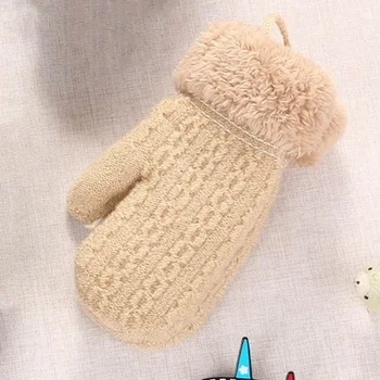 Зимние Детские двухслойные шерстяные вязаные перчатки на полный палец от 1 до 3 лет, варежки, перчатки с подвешенной шеей, детские