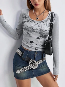 Женские футболки Y2K, Винтажные рубашки с длинным рукавом и графическим принтом, Сказочная толстовка в стиле Гранж, Эстетические футболки, Топ