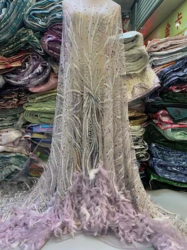Африканская Роскошная кружевная ткань из 3D-перьев, расшитая бисером, 2023, Высококачественный французский Тюль, Вышивка Пайетками, Кружево Для Свадьбы