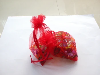 300шт 10 * 15 Красных подарочных пакетов для ювелирных изделий/свадьбы/Рождества/дня рождения, Сумки из органзы с ручками, Упаковочный мешок для пряжи