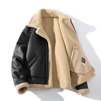 2023 новая цельнокроеная куртка с отворотом из меха для мужчин, зимняя теплая плюшевая толстая имитация овечьей кожи, короткое кожаное пальто, мотоциклетная куртка