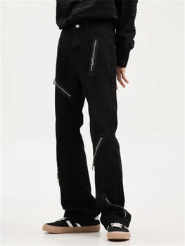 Модные оригинальные черные свободные джинсы с микро-трубой 2023 года, мужские и женские брюки с несколькими застежками-молниями