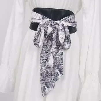 Широкий пояс из искусственной кожи с шифоновым принтом, женский костюм с платьями, завязанный поясом