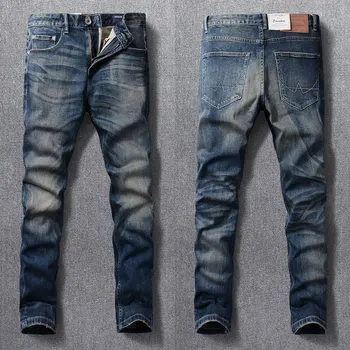 Европейские Винтажные Модные Мужские джинсы Высокого Качества в стиле ретро, Синие Эластичные Узкие Дизайнерские джинсы, Мужские брюки, Повседневные джинсовые брюки Hombre