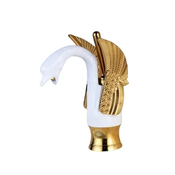 Grifo de latón con forma de cisne dorado y blanco para lavabo de baño, grifería de agua fría y caliente con forma de AnimalCD