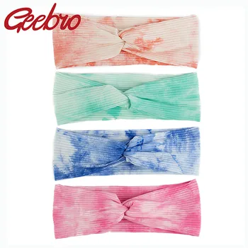 Geebro/ Новые радужные повязки на голову в рубчик с красителем для галстука для женщин, мягкие летние хлопковые эластичные ленты для волос, обертывание головы для дам и девочек