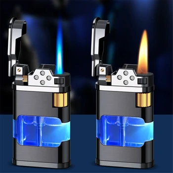 Металлическая зажигалка с реактивным пламенем, Надувная бутановая зажигалка для сигар, Светящаяся Прозрачная газовая коробка, турбо-Ветрозащитная зажигалка для курения