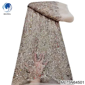 Высококачественная очаровательная розовая африканская ткань с блестками и французское тяжелое кружево с бисером для свадебного платья ML75N645