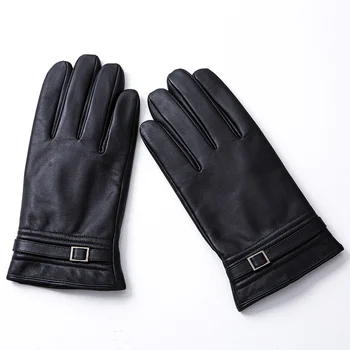 Мужские велосипедные перчатки из натуральной кожи, черный сенсорный экран, зимние теплые перчатки из натуральной овчины, модный дизайн с пряжкой