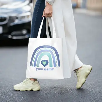 Женские сумки-тоут в стиле Boho Rainbow, повседневная сумка для покупок, персонализированное название, Эко-сумка для покупок, подарок на день рождения, Bolsa Feminina