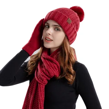 Зимние Аксессуары Для женщин Плюс Бархатная вязаная шапка, перчатки, шарф, комплект, Женская уличная теплая шапочка, шарф, комплект, шапка для девочек, однотонная
