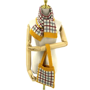 Осенне-зимний женский вязаный шарф в клетку, переносная сумка, теплый женский модный комплект