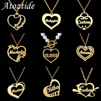 Atoztide, Персонализированные ожерелья с именем в виде сердца для женщин, Подвеска из нержавеющей стали, Колье, Цепочка, Ювелирный подарок на День рождения