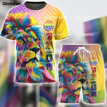 Мужская футболка LGBT LION PRIDE с РАДУЖНЫМ 3D принтом, Пляжный Короткий Комплект, Летние Мужские Костюмы, Футболка, Спортивный костюм из двух частей, Спортивная одежда T2