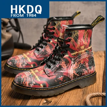 HKDQ/ Модные Мужские ботильоны с принтом, Высококачественные Кожаные водонепроницаемые мужские Повседневные ботинки, Уличные нескользящие Мужские Ботинки с высоким берцем