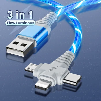3 в 1 Кабель USB Type C для iPhone 14 13 12 2.4A с потоковым светящимся освещением, кабель для зарядки Micro USB TypeC для Huawei Samsung Xiaomi