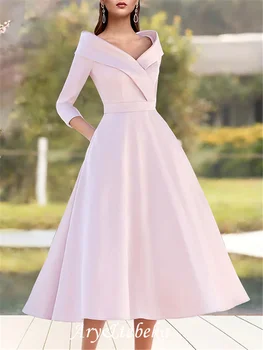 Элегантное винтажное платье для матери Невесты Трапециевидной формы с V-образным вырезом, атласное, длиной 3/4, со складками
