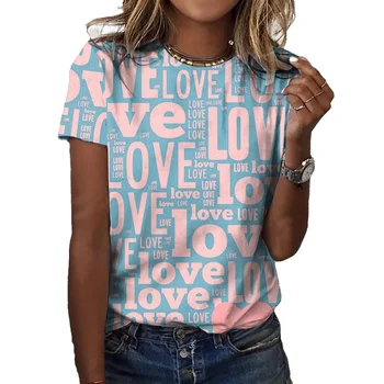 Летняя модная женская футболка с 3D-принтом и рисунком Любви, футболка с короткими рукавами, хит продаж, Женская уличная одежда, повседневная рубашка с круглым вырезом