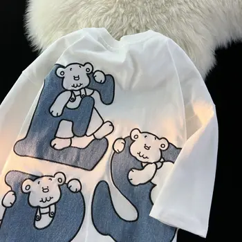 Американская нишевая забавная футболка с надписью Little Bear из чистого хлопка с короткими рукавами для мужчин и женщин, Летний Свободный топ для пары в ленивом стиле