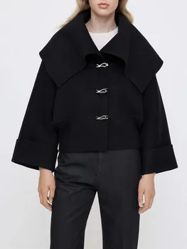 2022 Новая женская куртка с замком на пуговицах, Модная Женская Осенне-зимняя куртка с большим отложным воротником, Полушерстяное черное пальто с длинным рукавом