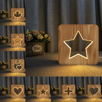 Сердца Звезды Лист 3D Светодиодный Деревянный Ночник Полая Настольная Лампа USB Power Настольные Лампы Для Маленьких Детей На День Рождения Подарок На Новый Год Прямая Поставка