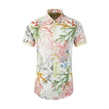 Весенне-летняя хлопковая мужская рубашка с коротким рукавом и цифровой печатью с рисунком морской травы, приталенная