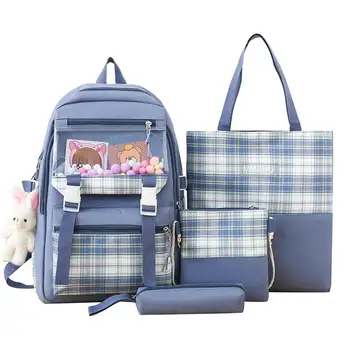 Милый Школьный рюкзак для девочек, школьный эстетичный рюкзак для студентов, 4 шт., набор школьных сумок с подвеской в виде кролика, вмещающий книги и ручки