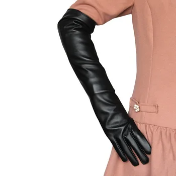 Зимние сексуальные женские перчатки с длинным рукавом 50 см, черные, одна пара, теплые варежки для вождения из искусственной кожи на весь палец, Облегающие, высокое качество