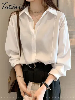 Белая рубашка оверсайз на пуговицах для женщин 2023, Весенняя корейская элегантная женская блузка с длинным рукавом, Классические офисные рубашки цвета хаки