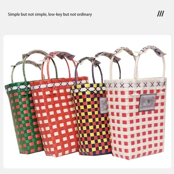 2022, Модная пластиковая Плетеная корзина В тайском стиле, Женская сумка для покупок, Многоцветная клетчатая сумка Для хранения, Ручная пляжная сумка