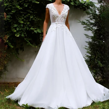 Белая сетка с V-образным вырезом и кружевной аппликацией, Элегантное новое свадебное платье трапециевидной формы vestido de novia, Свадебные платья на заказ