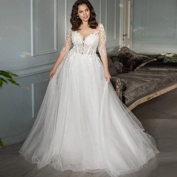 Шикарное Свадебное платье размера Плюс с рукавами, сшитое на заказ, Трапециевидное Тюлевое Кружевное Свадебное платье Robe de Mariee